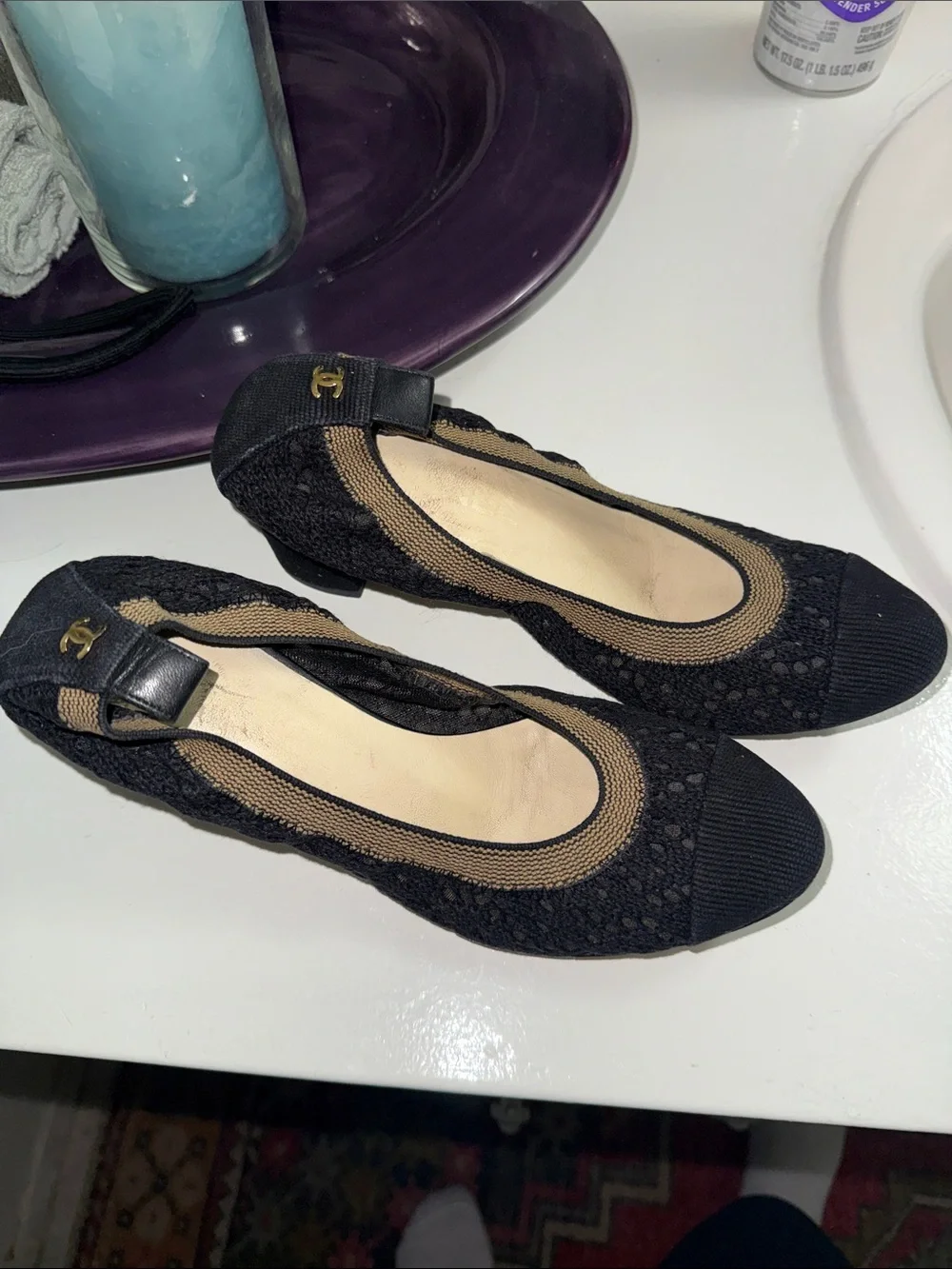 AUTHENTIC Chanel Black Lace Ballet Flats with Gold Accent - Women's Shoes